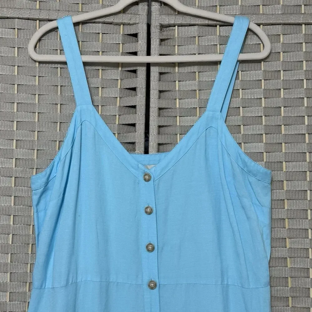 Loft Tiered Linen Blend Sundress Women’s Size 14 Aqua Blue Button Front Midi EUC